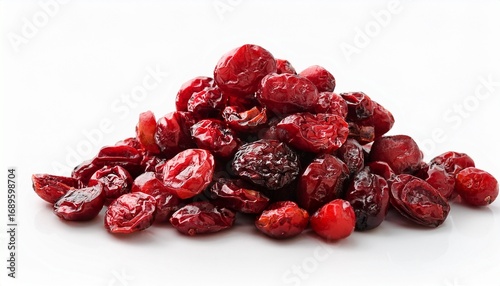 pile of dried shriveled red cranberries on white background