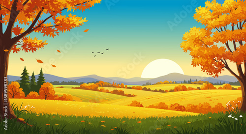 Autumn Landscape Two Majestic Trees Framing a Golden Field at Sunset 