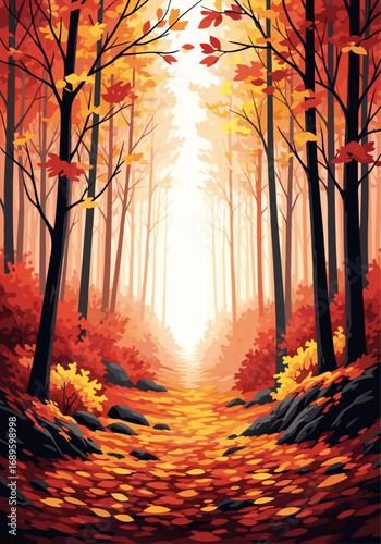 Two paths through an autumnal forest, a scenic vista with the warm glow of two seasons, 