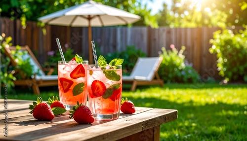 Refreshing strawberry drinks on a sunny patio