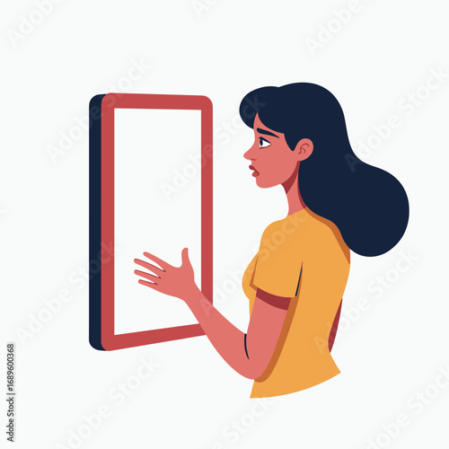 Young woman looking at mirror reflection with thoughtful expression  