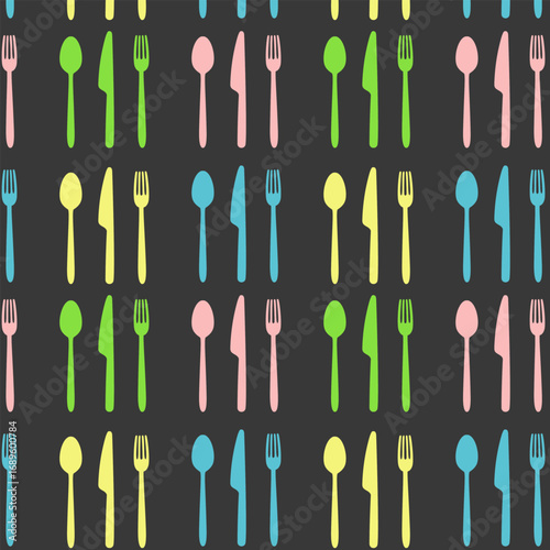 Seamless pastel cutlery pattern on dark – colorful forks, knives, and spoons – ideal for restaurant branding, kitchen textiles, and food packaging.