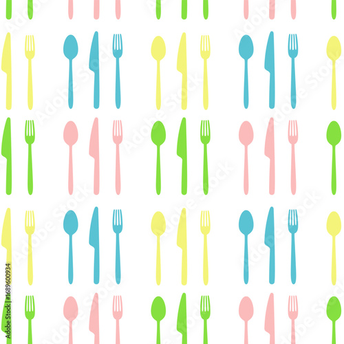 Seamless pastel cutlery pattern – colorful forks, knives, and spoons – ideal for restaurant branding, kitchen textiles, and food packaging.
