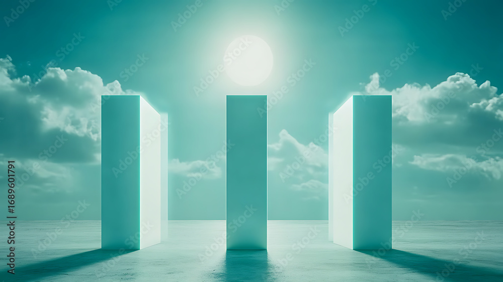 Fototapeta premium Three Pillars Standing Against a Bright Sky with Clouds