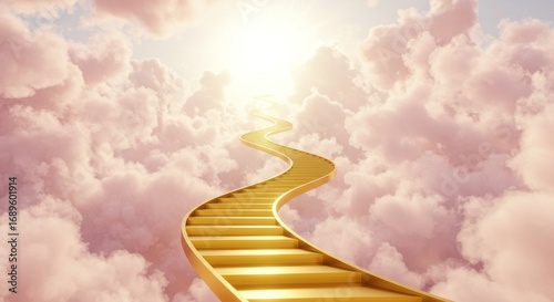 Golden Stairway to Heaven Among Clouds - A winding golden staircase ascends through soft pink clouds towards a bright light, symbolizing hope, faith, ascension, spiritual journey, and divine