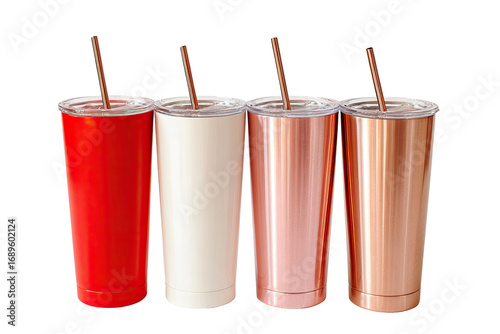 Four tall, insulated tumblers in red, white, and rose gold.  Each has a copper-colored straw