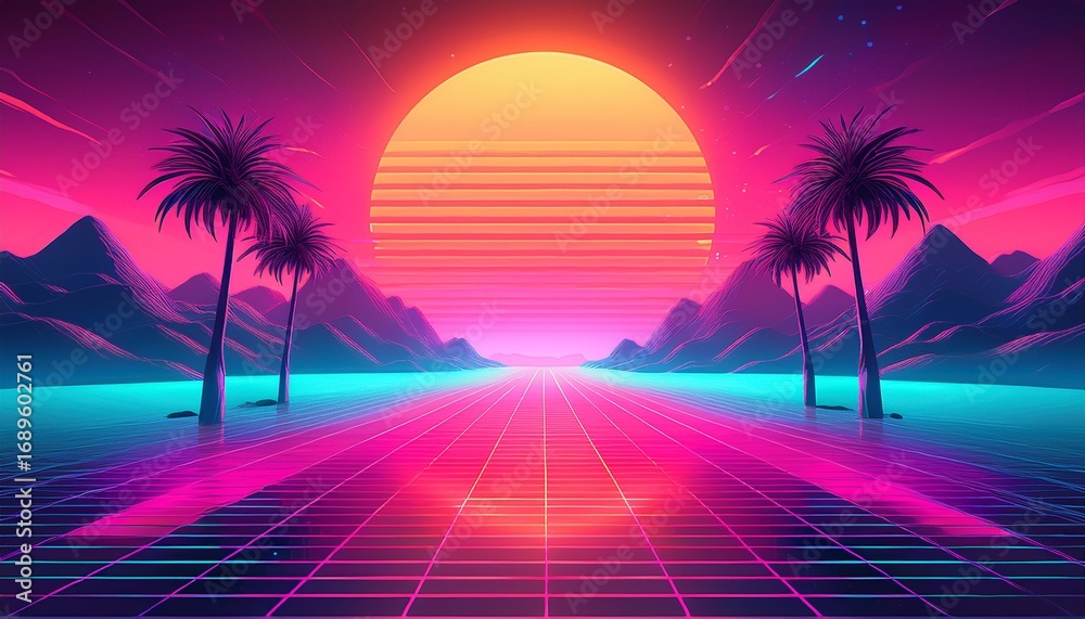 Fototapeta premium neon synthwave landscape with palm trees sun and mountains