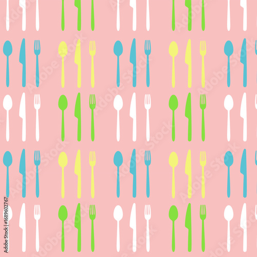 Colorful seamless cutlery background – pastel forks, knives, and spoons – great for kitchen décor, food blogs, and packaging.