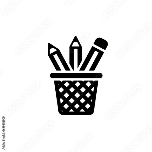 Pencil holder glyph icon with writing and drawing tools, representing office supplies, education, and creativity. A simple black vector illustration isolated on a white background