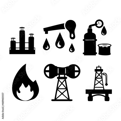 Vector art of set of oil and gas industry icons in black silhouette vector illustration of petroleum production