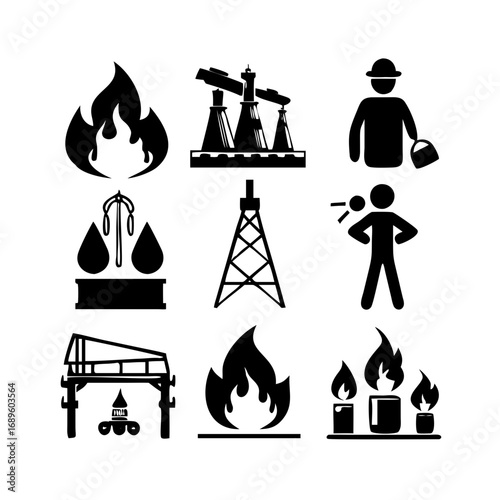 Vector art of collection of oil and gas industry icons in black silhouette vector illustration of petroleum production