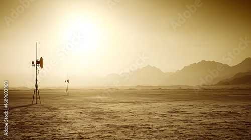 Desert Landscape with Communication Antennas at Sunset