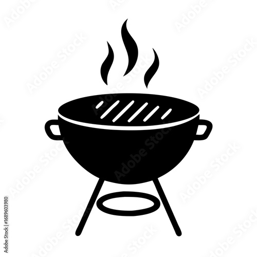 Vector art of barbecue grill icon features a classic charcoal grill with rising smoke, representing outdoor cooking and summer gatherings