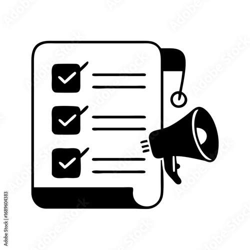 Vector art of checklist with megaphone shows important tasks and announcements, highlighting priorities and communication effectively