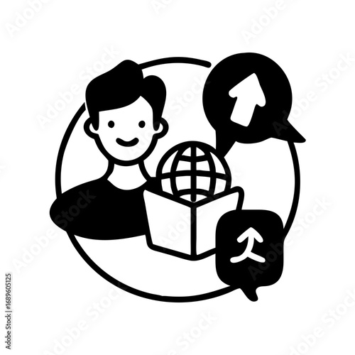 Vector art of an enthusiastic student is learning languages and cultures, with a globe and book