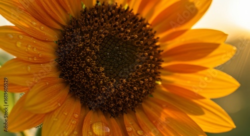 Orange Sunflower Dewdrops Close Up - A vibrant close-up of an orange sunflower, glistening with morning dew. Symbolizing warmth, happiness, summer, nature, and growth