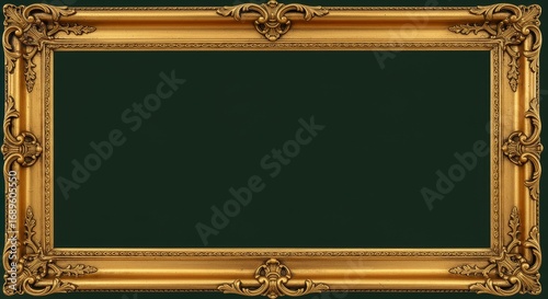 Ornate Gold Frame Dark Green Background - Elegant gold frame, dark green backdrop, ornate details, luxurious design, empty space for text or .