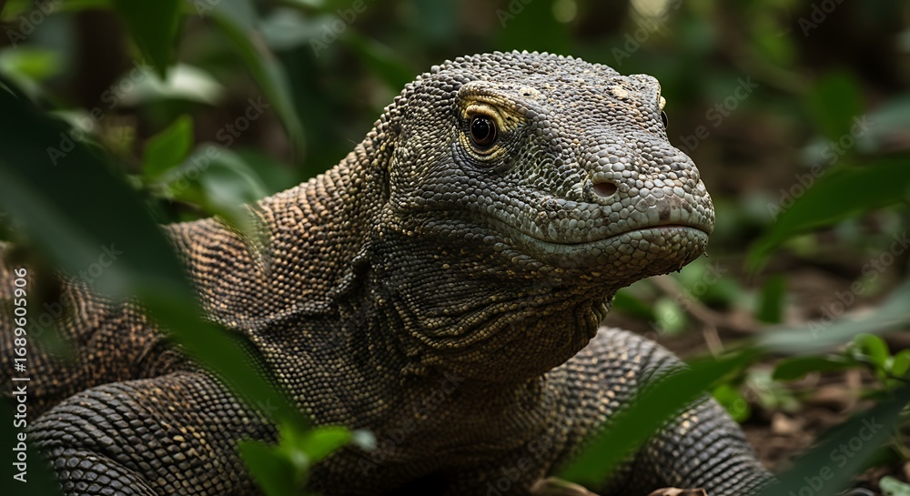 Obraz premium Komodo Dragon Lizard in Lush Greenery.