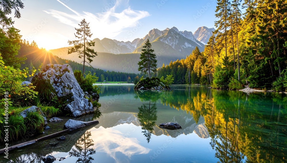 Fototapeta premium Serene lake sunrise in alpine mountains