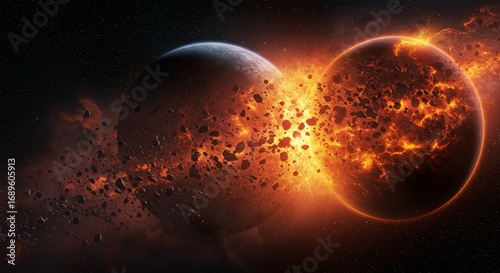 Planetary Collision Cosmic Event - Two planets collide in a fiery cosmic event, debris scattering across space. A dramatic scene of celestial destruction