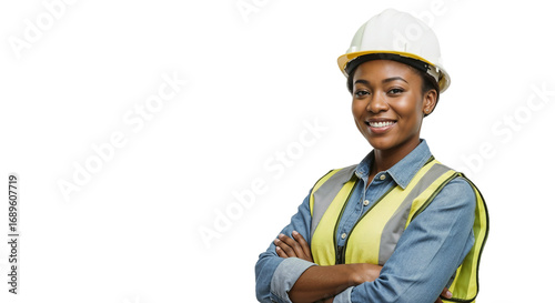 Confident woman construction worker in safety gear smiling at the camera in a professional setting