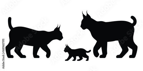 Black silhouette of three lynx cats walking on a white background Keywords: lynx, bobcat, wild cat