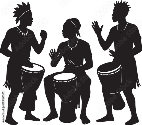 Three silhouetted figures playing djembe drums wearing traditional attire african drumming