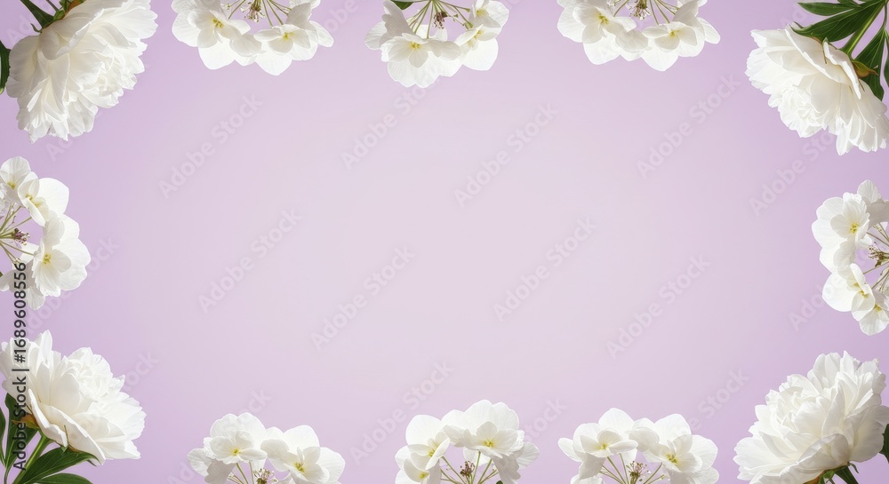 Naklejka premium White Flower Frame on Lavender Background - Elegant floral frame of white peonies and hydrangeas on a soft lavender background, perfect for invitations, cards, or website banners