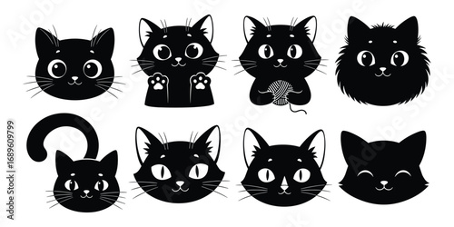 Set of Cute Black Cat Faces and Figures with Playful Expressions cats adorable