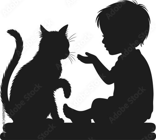 Silhouette of a child offering something to a sitting cat girl