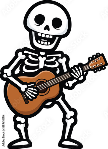 Day of the dead mariachi skeleton holiday character, dia de los mexican cartoon charro personage playing a guitarron, celebrating traditional festivity with lively spirit and music of cultural event