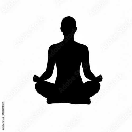 Silhouette of a person meditating in a lotus position with hands in mudra against a white background created with generative ai