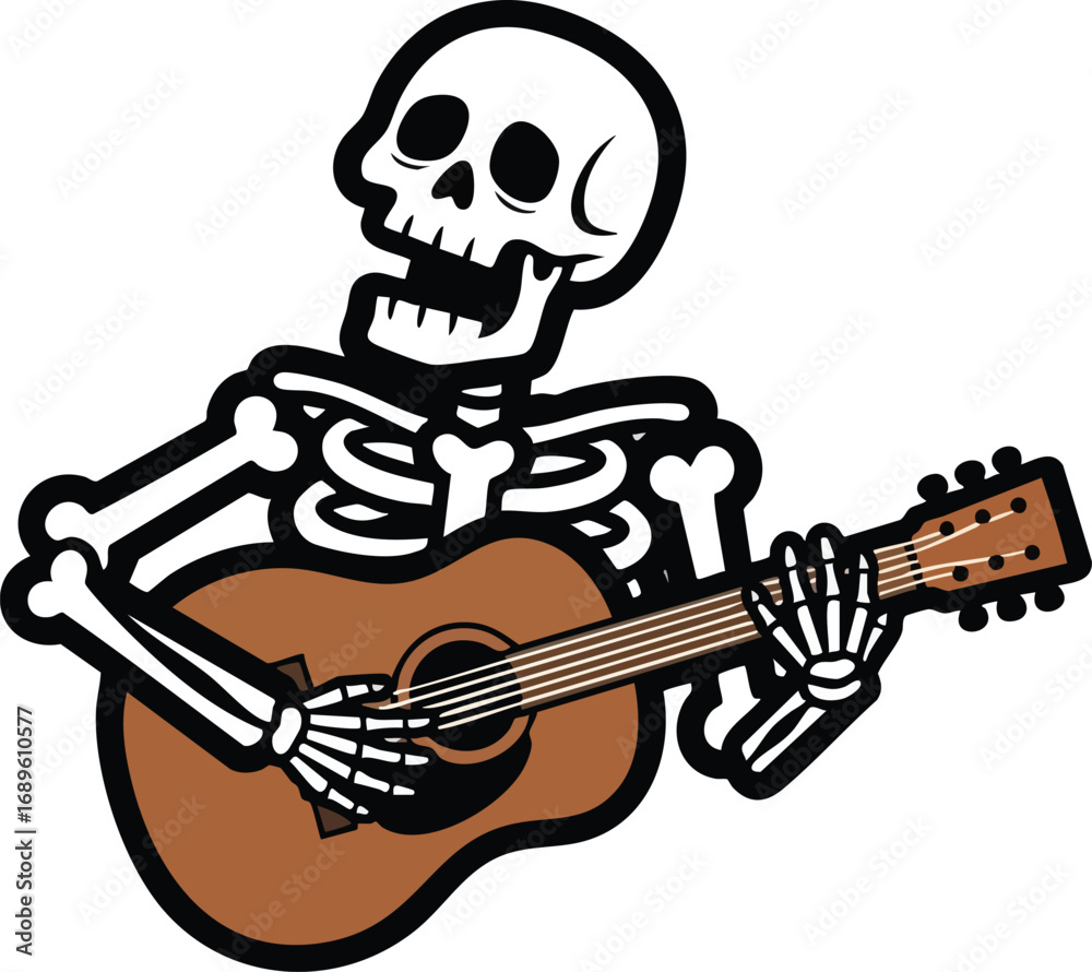 Fototapeta premium Day of the dead mariachi skeleton holiday character, dia de los mexican cartoon charro personage playing a guitarron, celebrating traditional festivity with lively spirit and music of cultural event