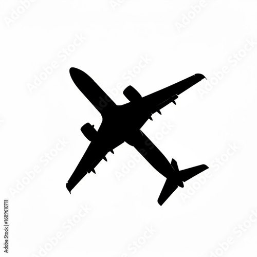 A silhouette of a passenger airplane flying upwards against a stark white background in a simple design created with generative ai