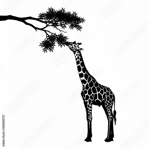 Silhouette of a giraffe eating leaves from a tree branch in a black and white illustration style image created with generative ai