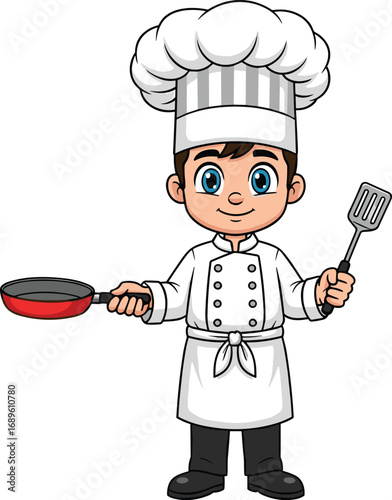 Cartoon chef character with frying pan, smiling cook illustration, kitchen utensil, culinary concept, vector art, apron, spatula, food, restaurant