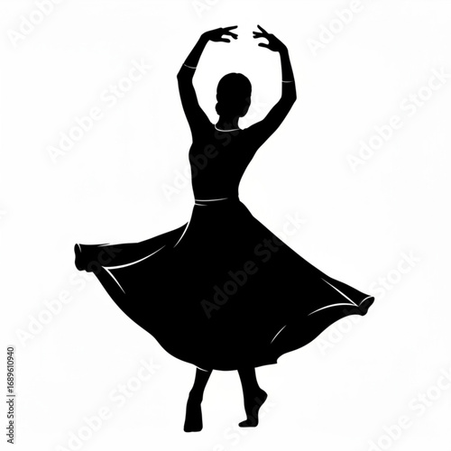 Silhouette of a woman in a dress dancing with her arms raised gracefully in a flowing motion pose created with generative ai