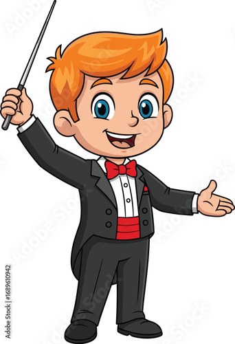 Cartoon conductor boy, orange hair, tuxedo, red bow tie, music leader, vector character, orchestra, baton, cheerful child, animated pose