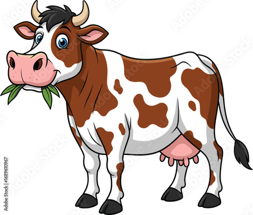 Cartoon cow, farm animal, dairy cow, chewing leaves, cute livestock, vector illustration, children’s content, agriculture, udder, horns, tail, friendly expression, white cow