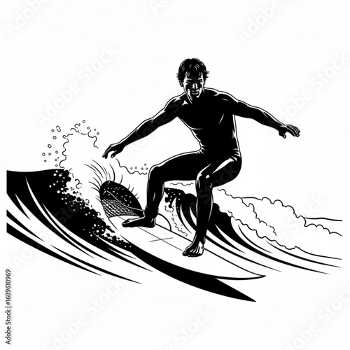 Silhouette illustration of a surfer riding a wave with outstretched arms in black and white style created with generative ai