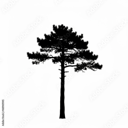 A detailed silhouette of a pine tree with its distinctive needles and branch structure against white space created with generative ai