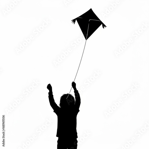 Silhouette of a child holding a kite string with a diamond shaped kite flying high in the sky above them created with generative ai