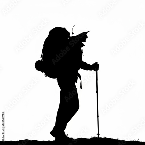 Silhouette of a hiker with a large backpack and trekking pole against a white background on a grassy hill created with generative ai