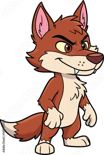 Cartoon wolf, anthropomorphic animal, vector character, reddish fur, expressive eyes, smirking face, upright pose, children’s art, playful design, bushy tail