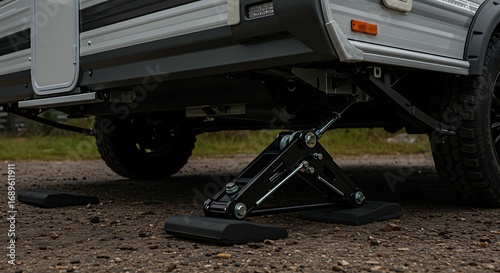 Scissor jack stabilizing a camper van on a gravel surface.