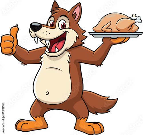 Cartoon wolf, roasted turkey, animal chef, thumbs up, festive dinner, anthropomorphic character, smiling mascot, food platter, holiday feast, vector illustration