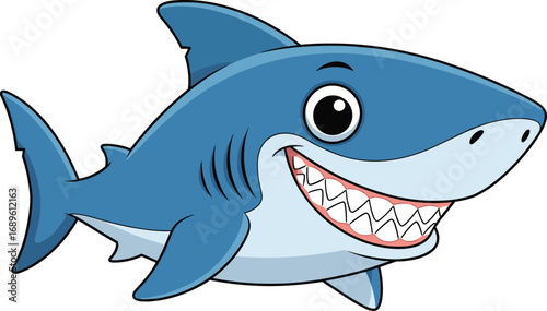 Cartoon, shark, smiling, vector, illustration, blue, ocean, animal, friendly, teeth, character, children, clipart, sea, creature, happy, underwater, expressive, fins, playful
