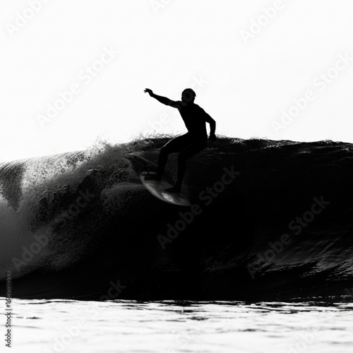 Silhouette of a surfer riding a large wave in black and white with arm extended for balance and control created with generative ai