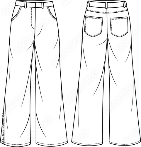 Wide leg pants fashion sketch, front and back view, technical drawing, garment design, vector illustration, patch pockets, yoke seam