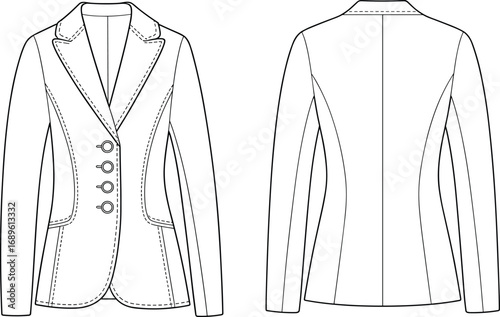 Women's blazer fashion sketch, technical garment illustration, front and back view, tailored jacket design, formal wear, vector template, sewing pattern